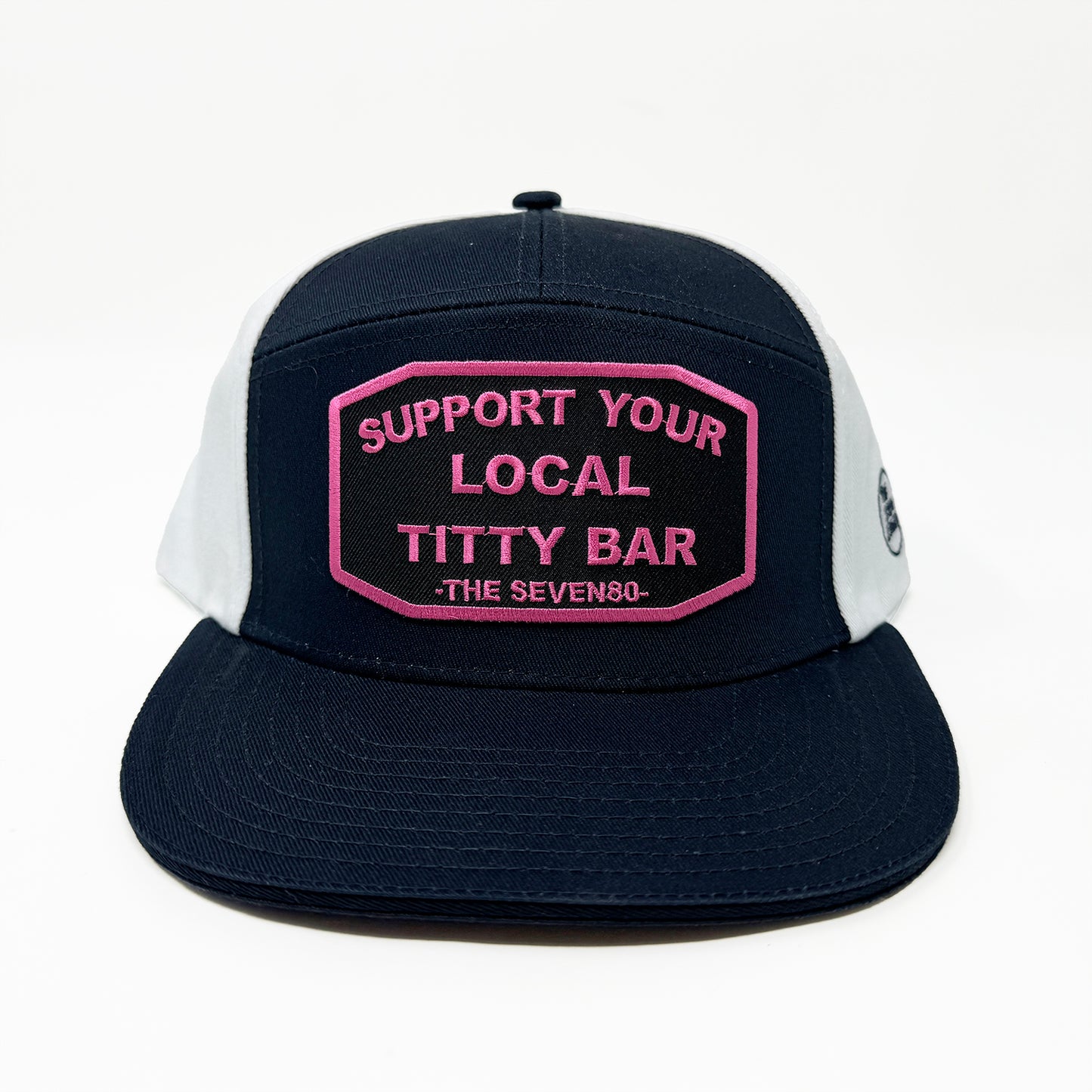 7 PANEL SUPPORT YOUR LOCAL TITTY BAR HAT NAVY/WHITE